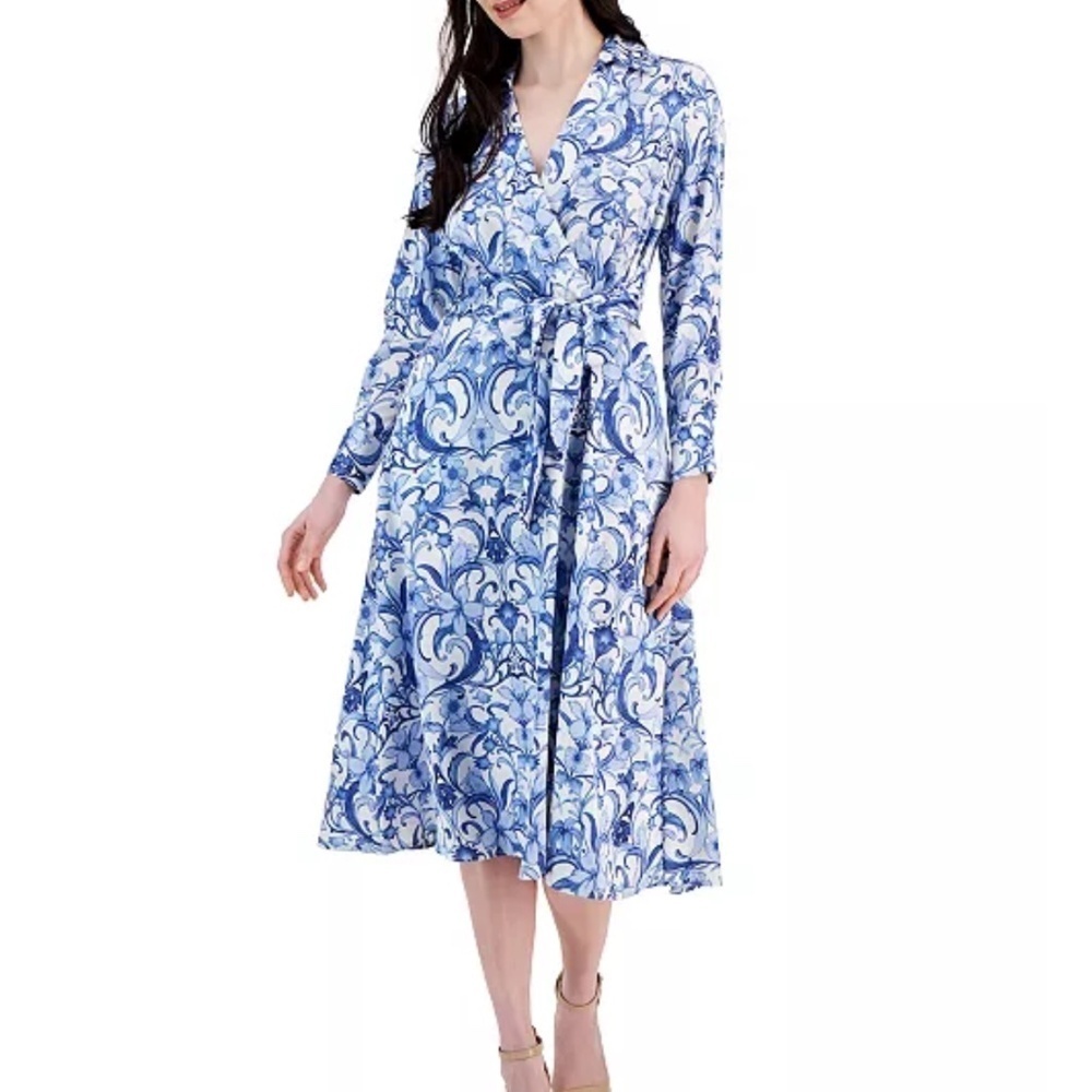 NWT Tahari Petite Hammered Satin Shirt Dress Faux Wrap Styling Long Sleeve Midi